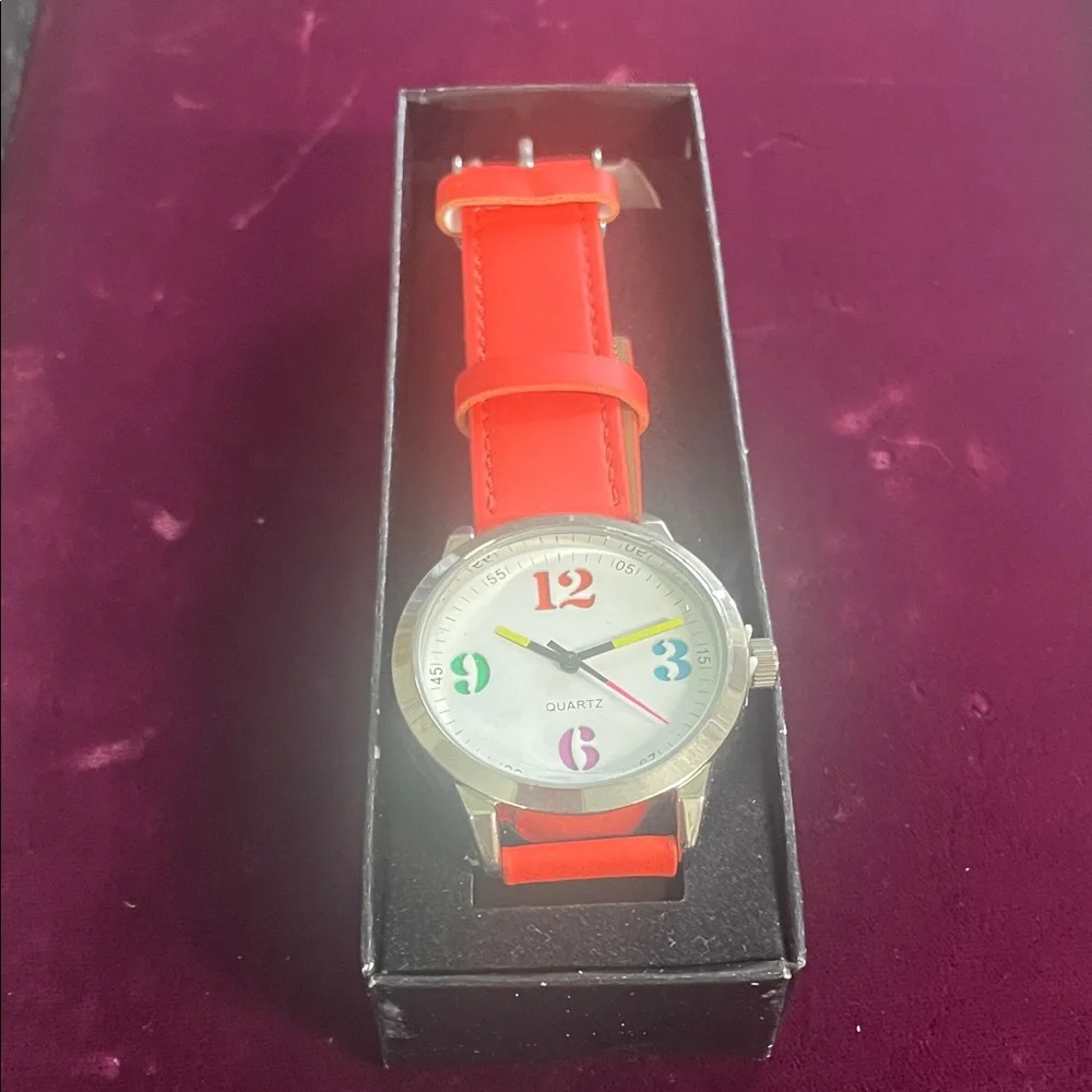 Novelty Watch Silver Tone Case‎ Red Band Colorful Numbers Quartz Movement